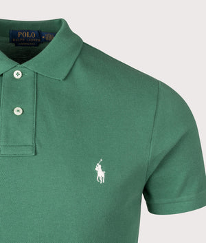 Polo Ralph Lauren Custom Slim Fit Mesh Polo Shirt in Vibrant Antique Green. EQVVS Detail shot.