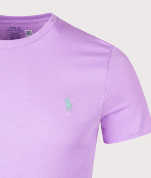 Polo Ralph Lauren Custom Slim Fit Jersey T-Shirt in Light Lilac, 100% cotton at EQVVS. Detailed logo shot. 