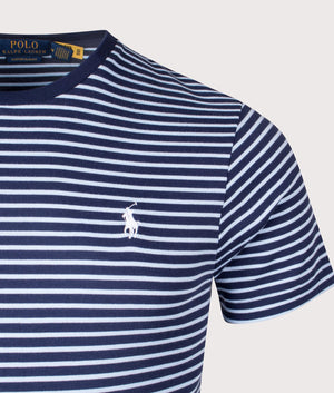 Polo Ralph Lauren Custom Slim Striped Soft Cotton T-Shirt in Refined Navy/Office Blue, 100% cotton at EQVVS. Detailed logo shot. 