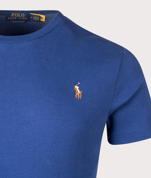 Polo Ralph Lauren Custom Slim Fit Pima T-Shirt in Annapolis Blue. EQVVS detail shot.