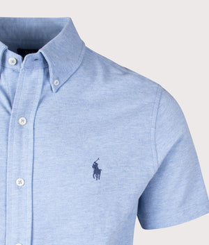 Polo Ralph Lauren Featherweight Mesh Short Sleeve Shirt in Isle Heather, 100% cotton at EQVVS. Detailed logo shot.