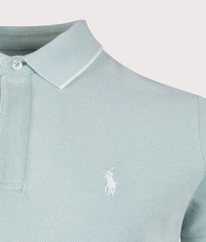 Polo Ralph Lauren Custom Slim Fit Stretch Oxford Mesh Polo Shirt in Celadon/White. Shot at EQVVS. Detail shot. 