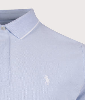 Polo Ralph Lauren Custom Slim Fit Stretch Oxford Mesh Polo Shirt in Office Blue/White. Shot at EQVVS.  Detail shot. 