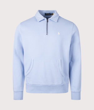 Polo Ralph Lauren Quarter Zip Loopback Terry Sweatshirt in Chambray Blue, 100% cotton at EQVVS. Front shot. 