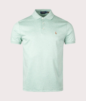 Polo Ralph Lauren Custom Slim Fit Soft Cotton Polo Shirt in Celadon Heather. Shot at EQVVS. Front detail shot 