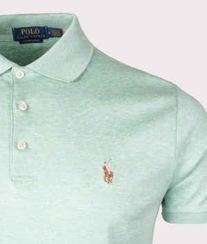 Polo Ralph Lauren Custom Slim Fit Soft Cotton Polo Shirt in Celadon Heather. Shot at EQVVS. Front logo shot 