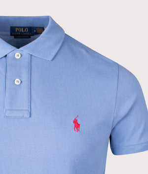 Polo Ralph Lauren, Custom Slim Fit Mesh Polo Shirt, Campus Blue, Eqvvs Menswear, detailed shot angle