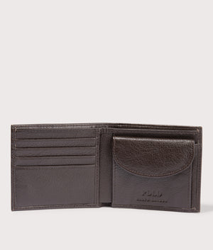 Polo Ralph Lauren Pebbled Leather Billfold Coin Wallet in Brown. EQVVS Open Shot.