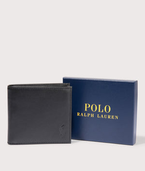 Polo Ralph Lauren Pebbled Leather Billfold Coin Wallet in Black. EQVVS Box Shot.