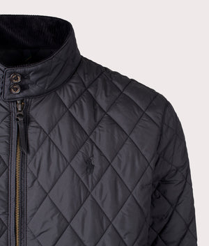 Polo Ralph Lauren Insulated Quilted Shirt Jacket in Polo Black at EQVVS. Detailed Logo Shot. 