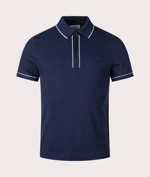 Lacoste Ribbed Collar Shirt in Navy Blue. Front angle shot at EQVVS.