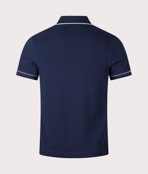 Lacoste Ribbed Collar Shirt in Navy Blue. Back angle shot at EQVVS.