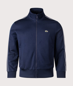 Lacoste Paris Piqué Zip Through Track Top in Navy Blue. Shot at EQVVS. Front shot. 