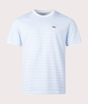 Lacoste Heavy Cotton Striped T-Shirt in White & Overview Blue, 100% Cotton Front Shot at EQVVS