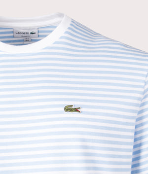 Lacoste Heavy Cotton Striped T-Shirt in White & Overview Blue, 100% Cotton Detail Shot at EQVVS