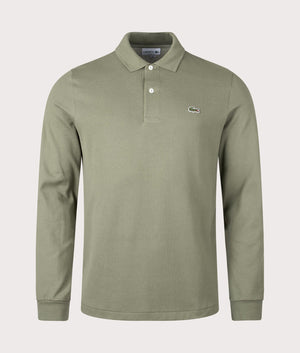 Long Sleeve Croc Logo Polo Shirt in Khaki by Lacoste. EQVVS Front Angle Shot.