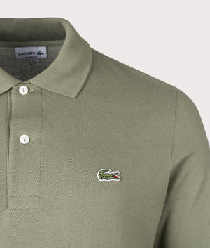 Long Sleeve Croc Logo Polo Shirt in Khaki by Lacoste. EQVVS Detail Shot.