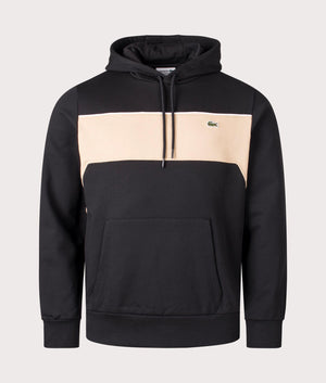 Lacoste Panel Hoodie in Black/Viennese. Front angle shot at EQVVS.