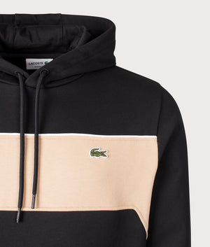 Lacoste Panel Hoodie in Black/Viennese. Detail angle shot at EQVVS.