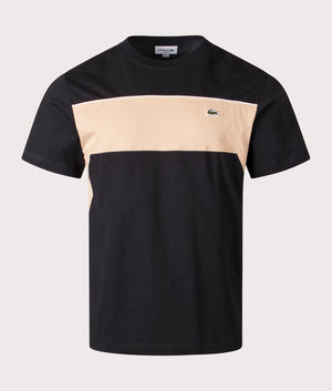 Lacoste Panel T-Shirt in Black and Viennese Beige, 100% Cotton. Front Shot at EQVVS