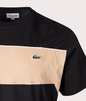 Lacoste Panel T-Shirt in Black and Viennese Beige, 100% Cotton. Detail Shot at EQVVS