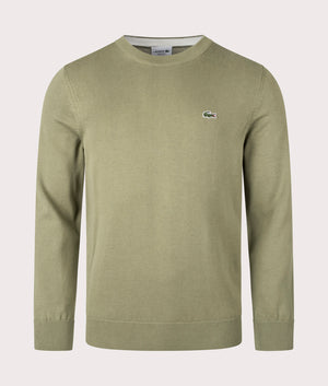 Lacoste Croc Logo Knitted Jumper in Khaki. Front angle shot at EQVVS.