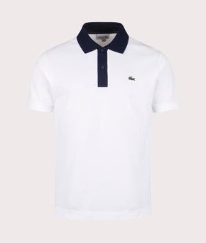 Lacoste Ribbed Collar Polo Shirt in White and Navy. EQVVS front Shot