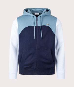 Lacoste Colour-Block Hoodie in Navy and Limestone Blue. Front Shot at EQVVS.