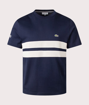 Lacoste Heavy Jersey Mesh Band T-shirt in Navy Blue. Shot at EQVVS. Front shot