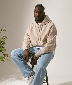 Ami De Coeur Loopback Hoodie in Heather Light Beige by Ami. EQVVS Campaign Shot.