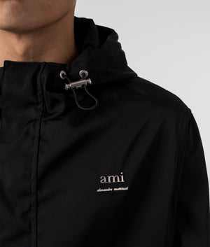 Hooded Ami Alexandre Mattiussi Windbreaker in Black. EQVVS Menswear Detail Model Shot. 