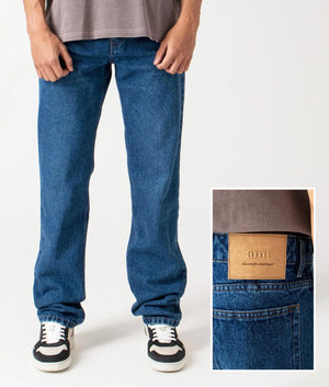 Classic Fit Jeans in Used Blue by Ami. EQVVS Menswear Front and Detail Model Shot.