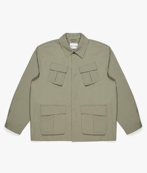 Oversized Ripstop Cargo Jacket in Sage Green by MKI MIYUKI ZOKU. EQVVS Front Flat Shot.