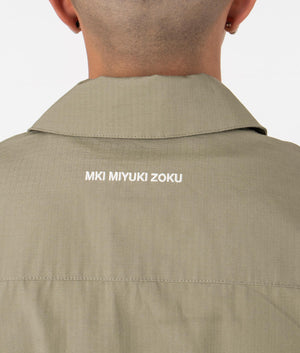 MKI Oversized Ripstop Cargo Jacket  in Sage Green. Detail angle model shot at EQVVS.