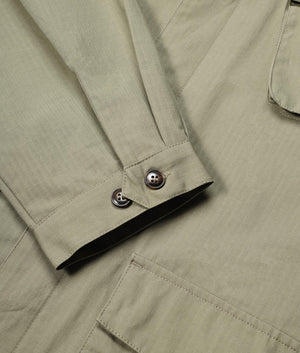 Oversized Ripstop Cargo Jacket in Sage Green by MKI MIYUKI ZOKU. EQVVS Detail Shot.