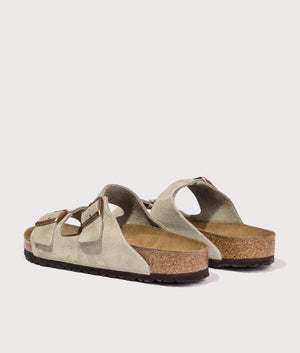 Arizona Suede Leather Sandals in Taupe by Birkenstock. EQVVS Shot.