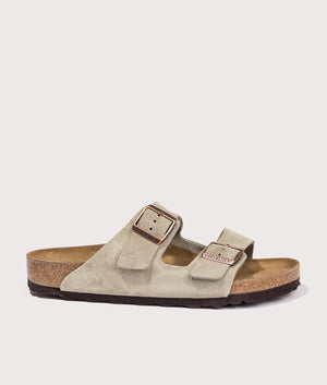 Arizona Suede Leather Sandals in Taupe by Birkenstock. EQVVS Shot. 