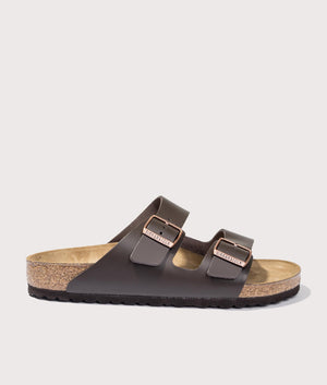 Arizona Natural Leather Sandals in Dark Brown by Birkenstock. EQVVS Shot. 