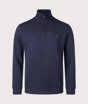 BOSS Quarter Zip Zetrust Sweatshirt in Dark Blue. Front shot at EQVVS.