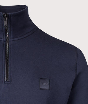 BOSS Quarter Zip Zetrust Sweatshirt in Dark Blue. Detail shot at EQVVS.