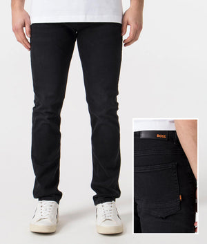 BOSS Slim Fit Delaware BC-L-P Jeans in Black Front and Detail Shot at EQVVS