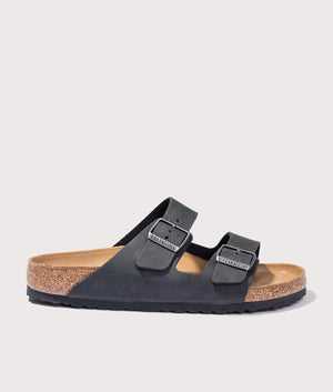 Arizona Oiled Leather Sandals in Black by Birkenstock. EQVVS Shot. 