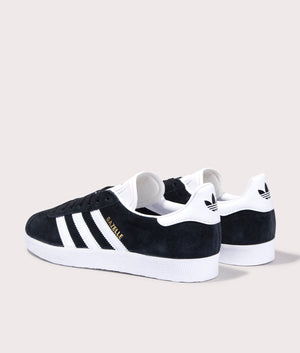 adidas Originals Gazelle Trainers in Core Black/White/Gold Metallic at EQVVS. Back notes. 