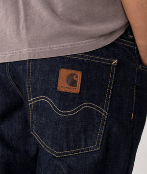 Carhartt WIP Relaxed Fit Marlow Jeans in blue rinsed, 100% Cotton 'Edgewood' Denim, EQVVS Menswear, Detailed photo shot