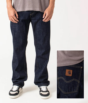 Carhartt WIP Relaxed Fit Marlow Jeans in blue rinsed, 100% Cotton 'Edgewood' Denim, EQVVS Menswear, Front and detail shot