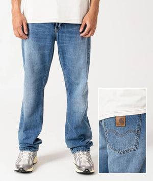 Carhartt WIP Marlow Jeans - Blue Rinsed Jeans - EQVVS. Front and detail shot. 