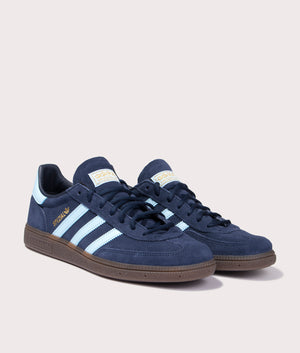 Adidas Handball Spezials in Collegiate Navy/Clear Sky/Gum5 at EQVVS. Side pair shot. 