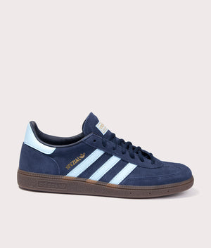 Adidas Handball Spezials in Collegiate Navy/Clear Sky/Gum5 at EQVVS. Side solo shot. 