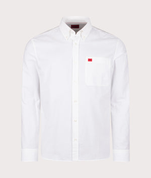 HUGO Slim Fit Evito Oxford Shirt in White, 100% Cotton. At EQVVS Menswear. Front detail shot 