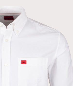 HUGO Slim Fit Evito Oxford Shirt in White, 100% Cotton. At EQVVS Menswear. Front logo shot 